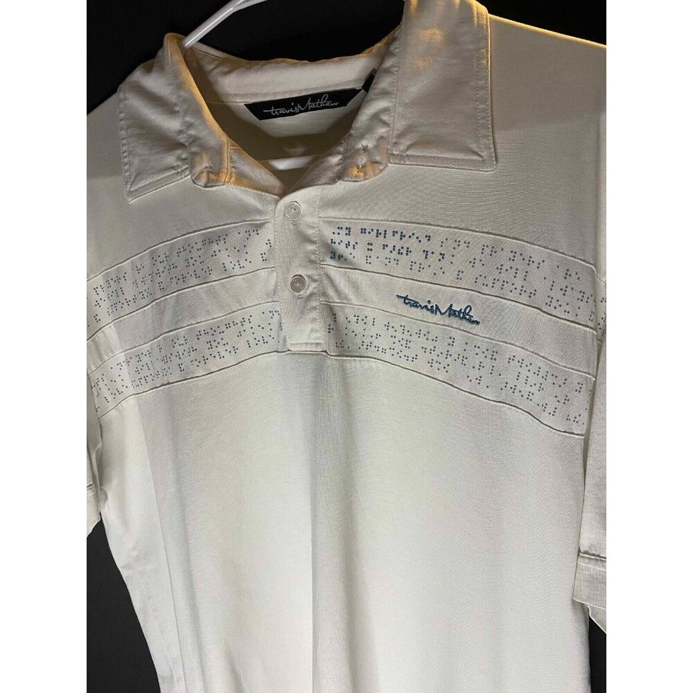 Travis Matthew Polo Shirt Mens XL White Stripped Embroidered Golf Performance